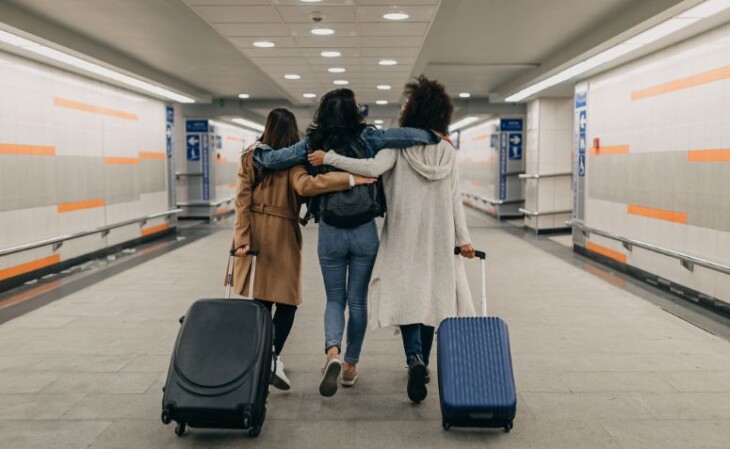 três mulheres carregando malas