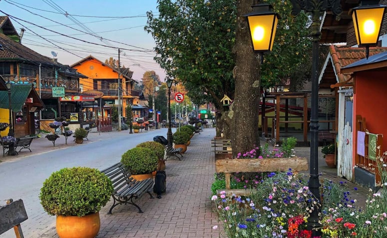 Foto da cidade de Monte Verde. Nela, a calçada está decorada com muitas plantas e bancos