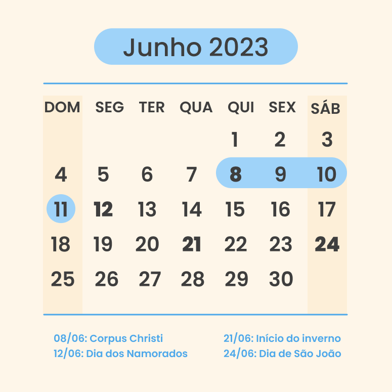 calendário junho 2023 com feriados e datas comemorativas