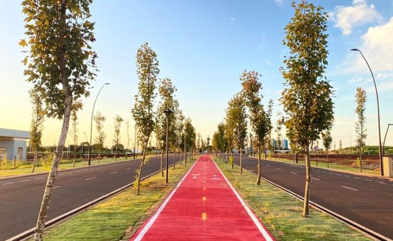 ciclovia e canteiro arborizado no Eurogarden em Maringá