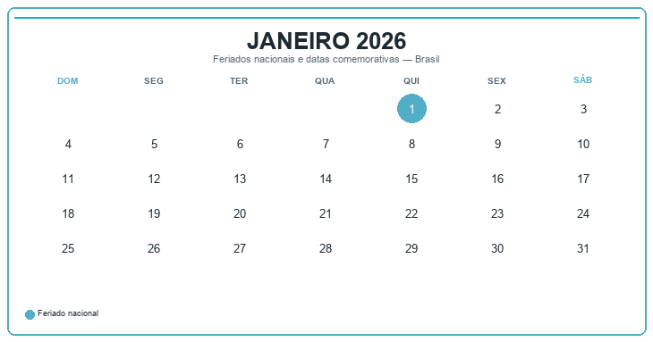 Calendário de Janeiro 2026 com feriados e datas comemorativas