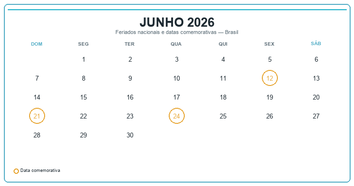 Calendário de Junho 2026 com feriados e datas comemorativas